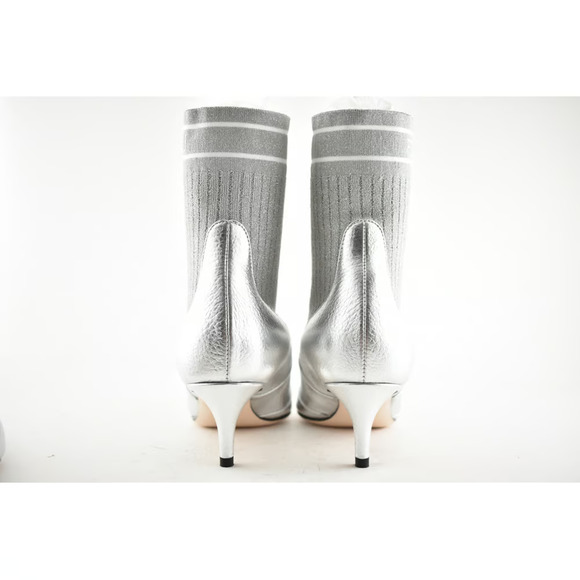 Fendi Rockoko Silver Scuba Stretch FF Logo Knit Sock Ankle Kitten Heel Boot 37.5 - Picture 5 of 12